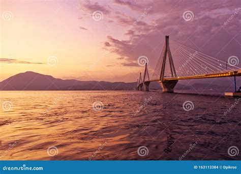 Greek Sunset In Peloponnese Rio Antirio Bridge Scenic View Stock Photo