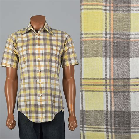 Large 1970 Mens Distressed Plaid Shirt Vtg Short Sleeve Patch Pocket