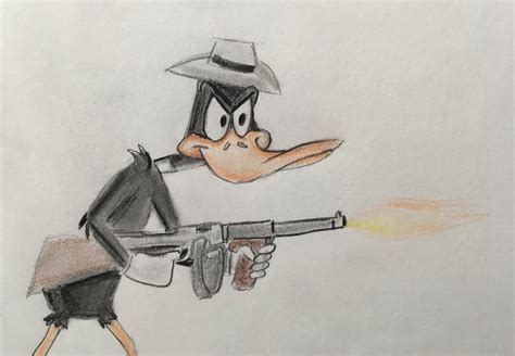 Daffy Duck As Duck Tracy With Tommy Gun By