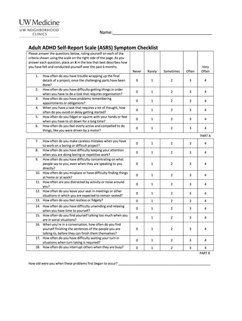 2019 Form Uw Medicine Adult Adhd Self Report Scale Asrs Symptom