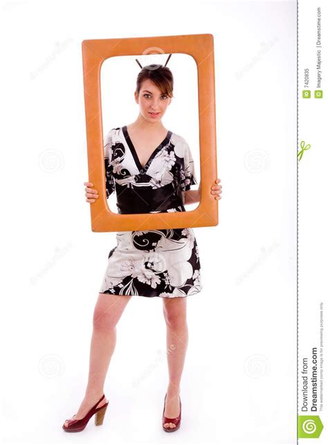 Full Body Pose Of Woman In Kimono Holding A Frame Stock