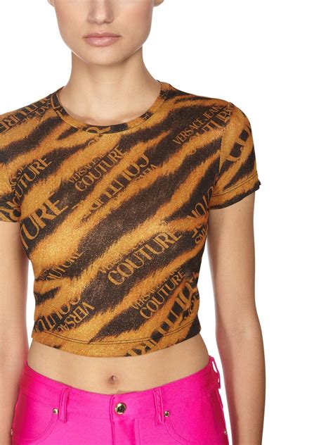 Versace Jeans Couture Cropped Tiger Print Top In Orange Modesens