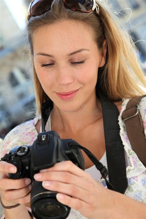 Young Tourist Woman Taking Photos With Reflex Stock Image Image Of