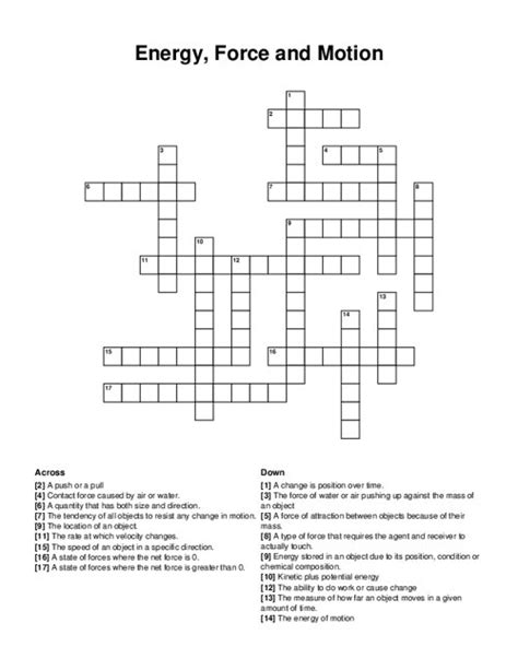 Energy Force And Motion Crossword Puzzle
