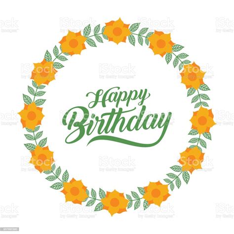 Happy Birthday Greeting Card With Flower Wreath Stock Illustration