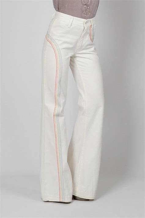 Vintage 70s Rainbow Striped White Denim Bell Bottoms S Jeans