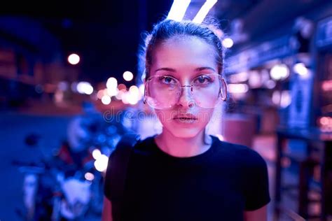 Portrait Of Beautiful Woman In Neon Light Night City Street Shot Stock Image Image Of