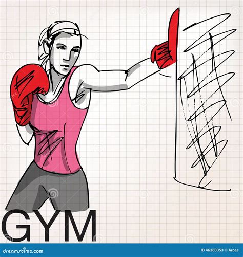 Illustration Of Woman With Boxing Gloves At Workout At Gym Stock