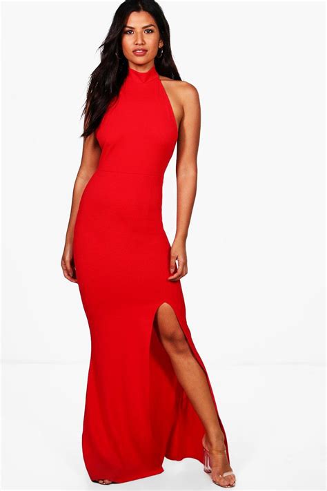 Boohoo Synthetic High Neck Extreme Split Front Maxi Dress In Red Lyst