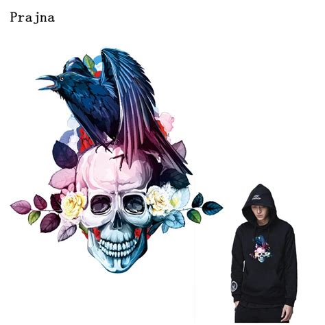 Prajna Rose Skull Stickers Heat Transfers Clothes Patches Punk Iron On