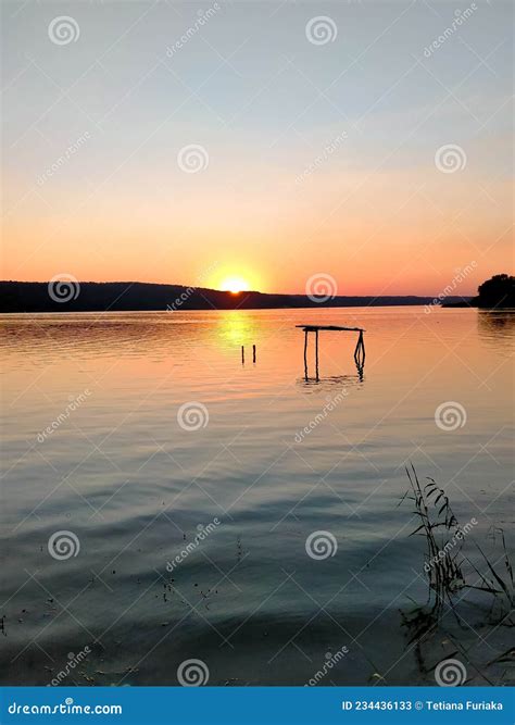 Sunset On The River With Reeds Orange Horizon Stock Image Image Of