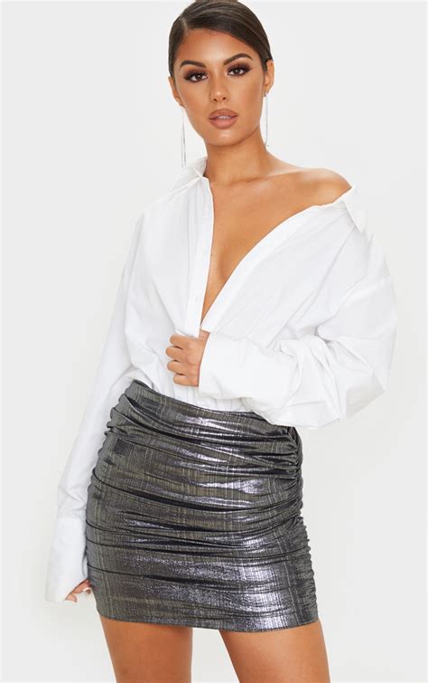 Silver Metallic Pleated Ruched Mini Skirt Prettylittlething Ca