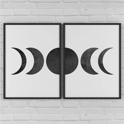 Moon Phases Print Set Set Of Two Prints Black And White Moon Watercolor