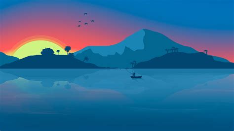 Minimalist Beach Boat Mountains Sunset Birds 8k Hd Artist