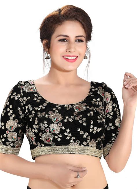 Buy Velvet Embroidered Designer Blouse In Black Online