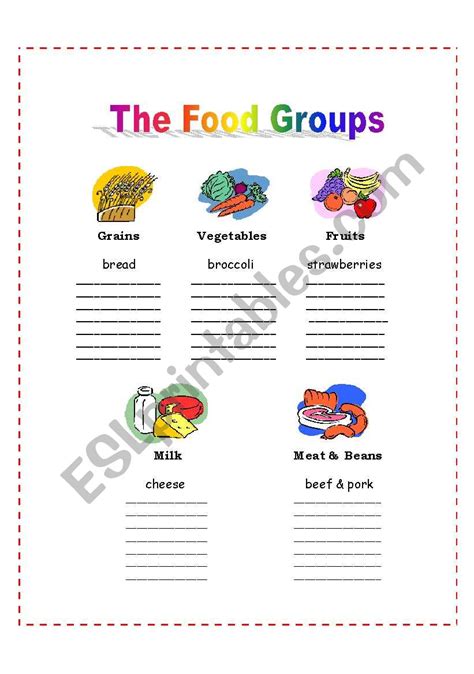 This recommendation is said to be sufficient in providing the needed vitamins and. The 5 Food Groups - ESL worksheet by nalawood