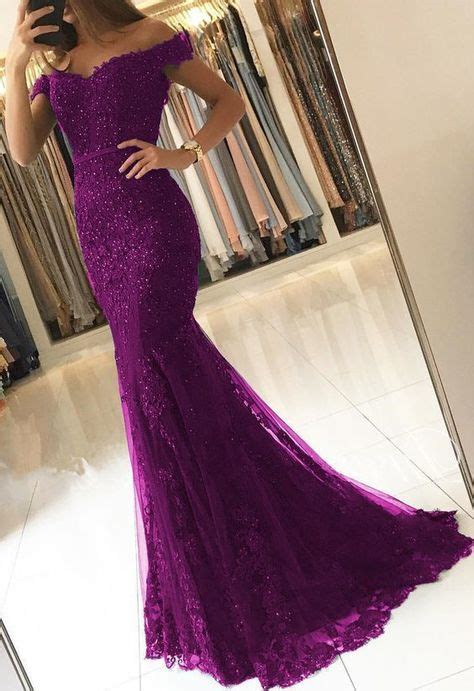 Off Shoulder Lace V Neck Mermaid Prom Dresses Purple Formal Evening