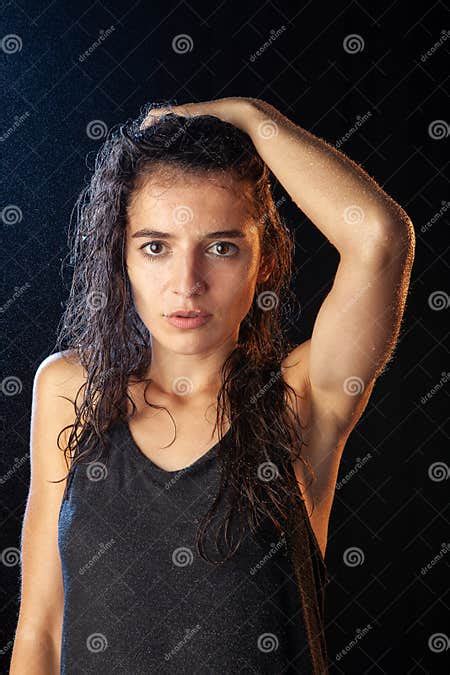 Closeup Portrait Of Wet Brunette In Black Shirt Stock Image Image Of Night Attractive 157280221