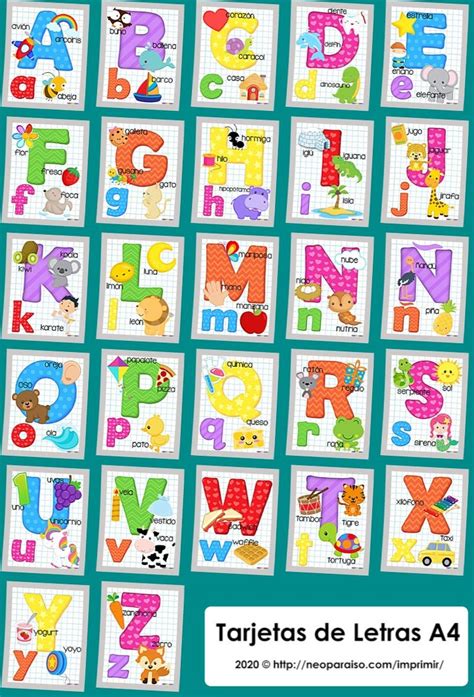 Abecedario para Imprimir con tres palabras de ejemplo. Flash cards de