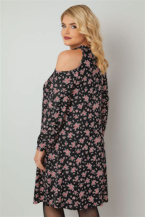 Limited Collection Black And Multi Ditsy Floral Print Cold Shoulder Dress