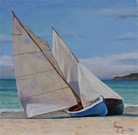 Daily Paintworks Boat At Seashore Original Fine Art For Sale