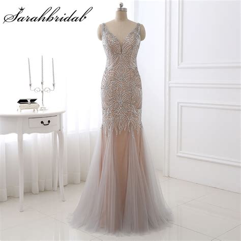 Stunning Mermaid Formal Evening Dresses Sliver Sequins Beaded Open Back Tulle Prom Pageant Gowns