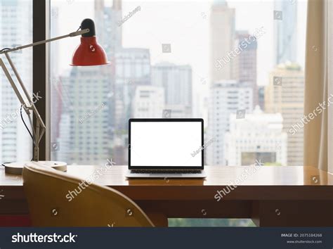 Laptop White Screen Display On Workspace Stock Photo 2075184268