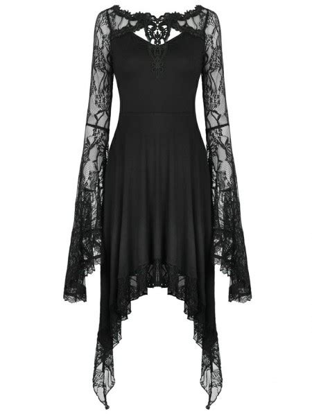 Dark In Love Black Gothic Lace Long Sleeve Asymmetrical Dress