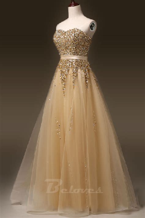 Gold Tulle Sweetheart Beaded A Line Formal Prom Dress · Beloves