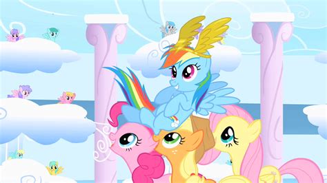 Arquivopinkie Pie Applejack And Fluttershy Carry Victorious Rainbow
