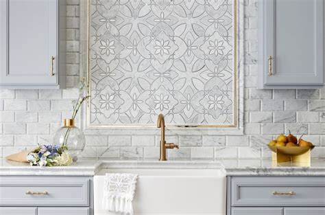 Kitchen Backsplash With White Marble Subway And Mosaic Tile Natural