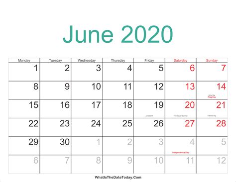 June 2020 Calendar Printable With Holidays Whatisthedatetodaycom