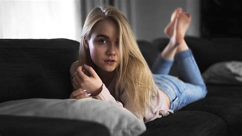 hd wallpaper women blonde belly pants jeans couch denim shirt portrait wallpaper flare