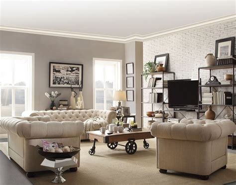 Bring sophisticated style to your living room with the. Chesterfield Living Room Set - Tufted Tuxedo Sofa, Loveseat & Armchair in CREAM BEIGE L ...