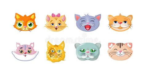 Funny Childish Cat Muzzle Set Cute Kitty Faces Heads Confident And