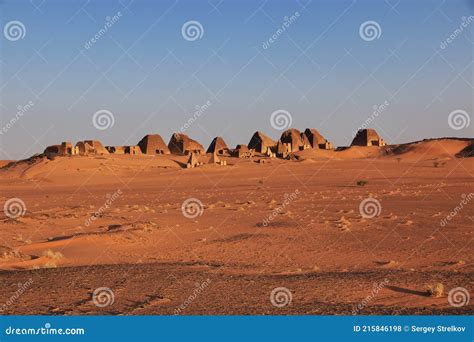 The Sunrise The Ancient Pyramids Of Meroe In Sahara Desert Sudan
