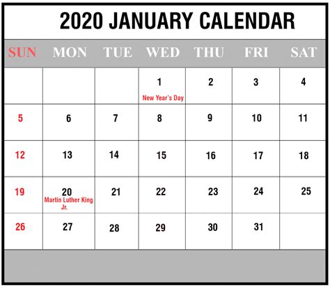Editable January 2020 Printable Calendar Printable Calendar Holiday