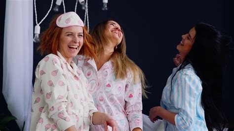 Womens Pajama Party Three Beautiful And Sexy Girls Laugh And Dance On