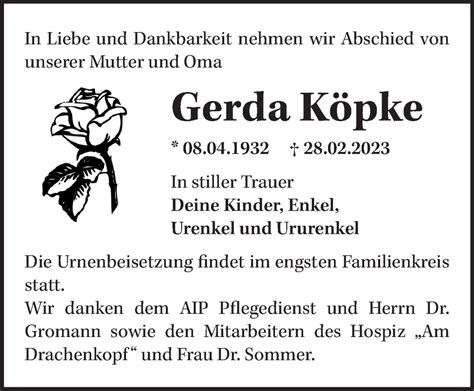 Traueranzeigen Von Gerda Köpke Märkische Onlinezeitung Trauerportal