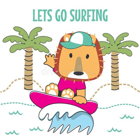 Surfing Time With Cute Little Lion At Summer Can Be Used For T Shirt