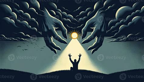 A dark, cloudy sky with large hands reaching towards a fading sun, and