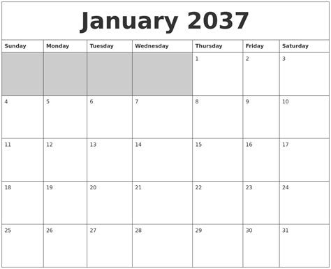 January 2037 Blank Printable Calendar