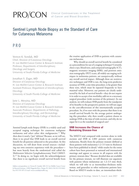 Pdf Sentinel Lymph Node Biopsy As The Standard Of Care For Cutaneous