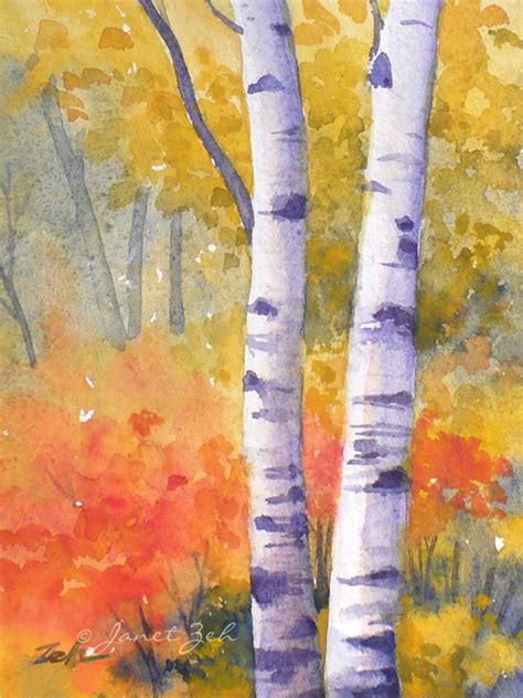 Janet Zeh Original Art Watercolor And Oil Paintings Birch Tree Autumn