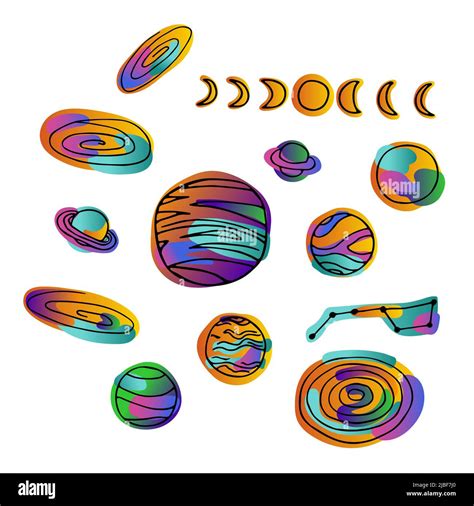 Color Space Doodle Set Hand Drawn Planet Galaxy Moon Isolated On White Background