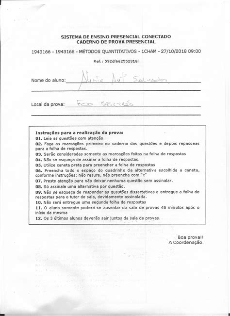 Prova Métodos Quantitativos Unopar