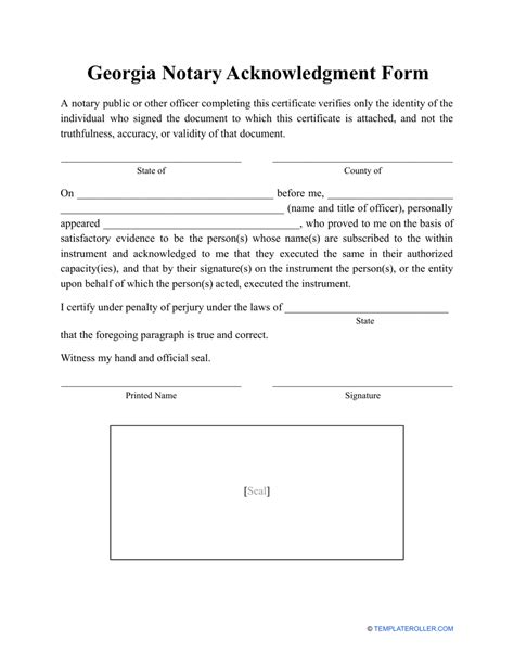 Georgia United States Notary Acknowledgment Form Fill Out Sign