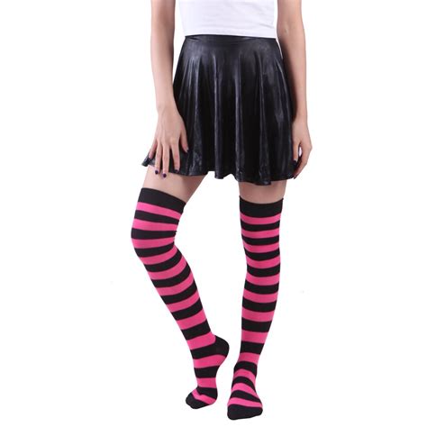 hde womens extra long striped socks over knee high opaque stockings black and pink walmart