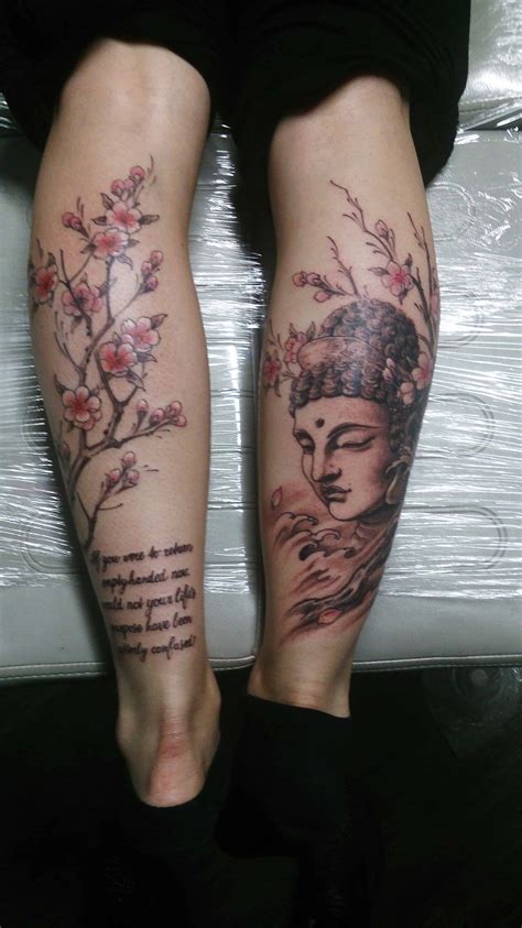 Maybe you would like to learn more about one of these? Leg sleeve Buddha, Cherry blossoms and Script tattoo - Chronic Ink