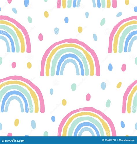Rainbows And Dots Cute Seamless Pattern On White Background Stock